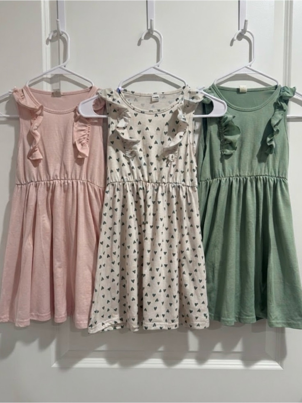 SHEIN Pink, Cream Heart Print & Green Ruffle Sleeve Dresses - Pack